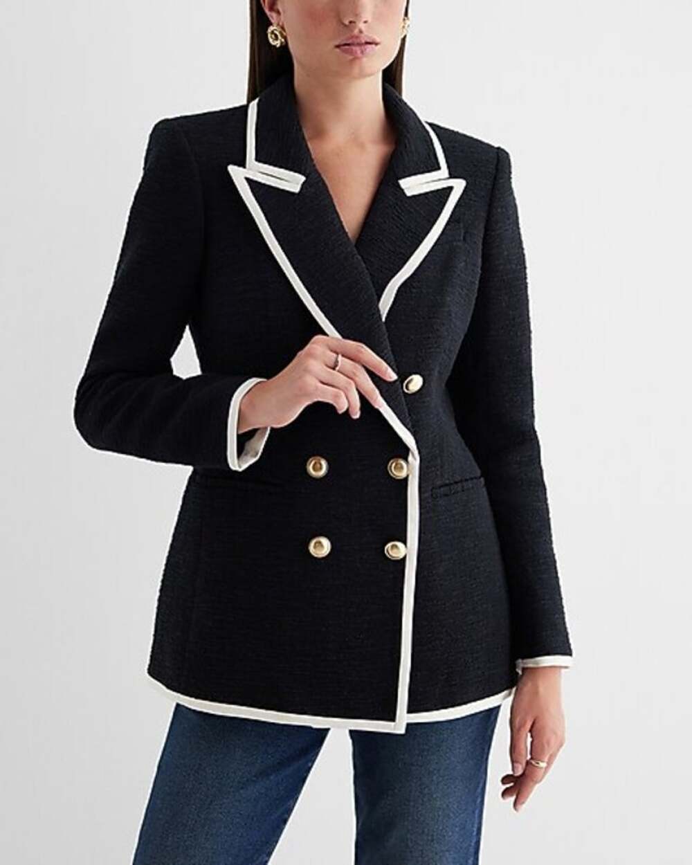 Express Tweed Double Breasted Tipped Novelty Button Blazer Black White Large